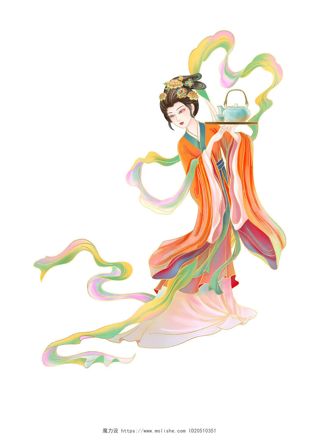 彩色手绘国潮古风中国风古装汉服美女仙女元素PNG素材